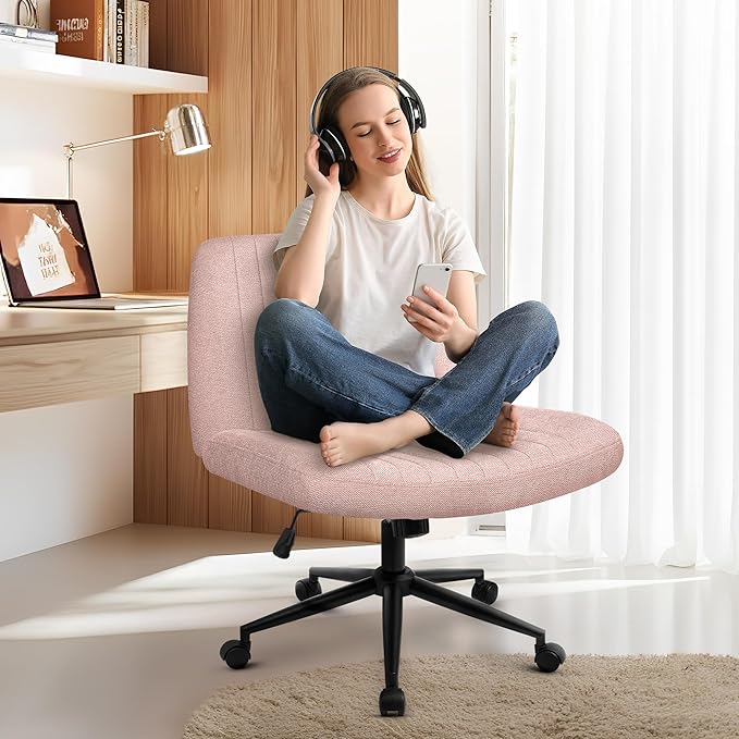 NEO Chair Criss Cross Chair with Wheels Armless Cross Legged Office Desk Wide Comfy Vanity Makeup Chair Adjustable Swivel Rolling Computer for Home Office Fabric (Pink)