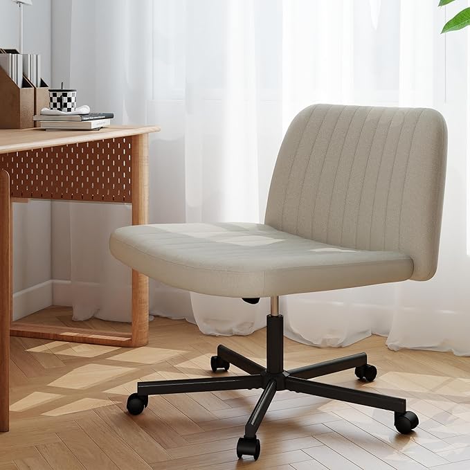Criss Cross Chair, Extra Wide Armless Rolling Office Desk Chair with Wheels, Plus Size Viral Vanity Legged Chair, Bedroom Beige