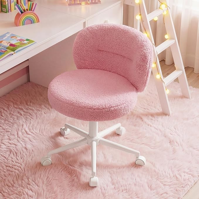 Small Round Vanity Chair, Armless Home Office Desk Chairs with Back, Height Adjustable & 360° Swivel, Cute Comfy Vanity Computer Chair for Bedroom, Home Office, Pink