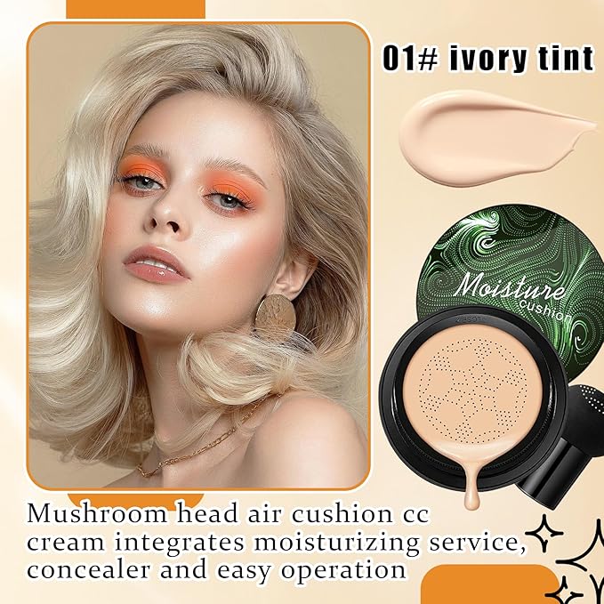 Mushroom Head Air Cushion CC Cream Foundation Makeup,Moisturizing BB Cream Face Makeup Liquid Foundation,Long Lasting Full Coverage Concealer for All Skin Types(Ivory)