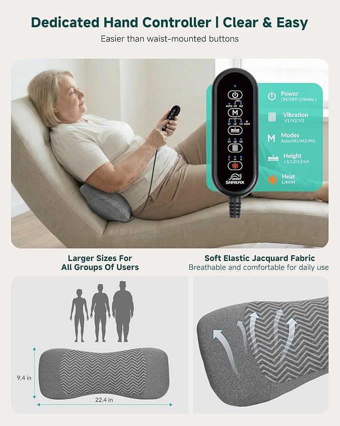 3-in-1 Rechargeable Electric Lumbar Support Pillow, Triple Support Air Lift Back Massager with Heat & Vibration, Adjustable Height Wide Waist Cushion for Bed & Chair, Smooth Spine Comfort Design