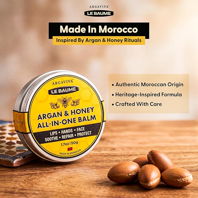 Le Baume French Lip Balm Lip Moisturizer in Tin, Moroccan Argan Oil and Honey, All-In-One Multi-Use Skin Balm for Chapped Lips Hands Face, Waterless, Non-Greasy, Travel Friendly, 1.7 Oz