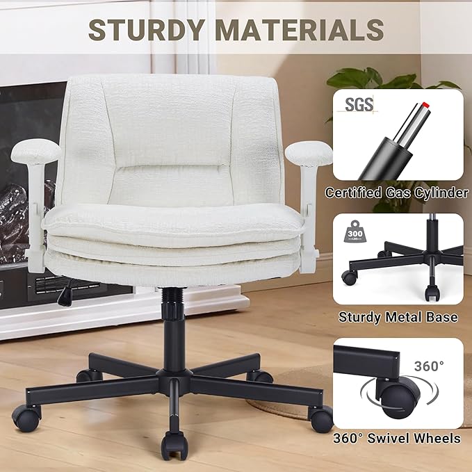 Criss Cross Chair with Wheels and Flip Arms, Upholstered Cross Legged Office Chair with 3 Layer Cushions&Dynamic Airbag Lumbar Support, Wide Seat Comfy Desk Chair for Home Office, Living Room, Beige
