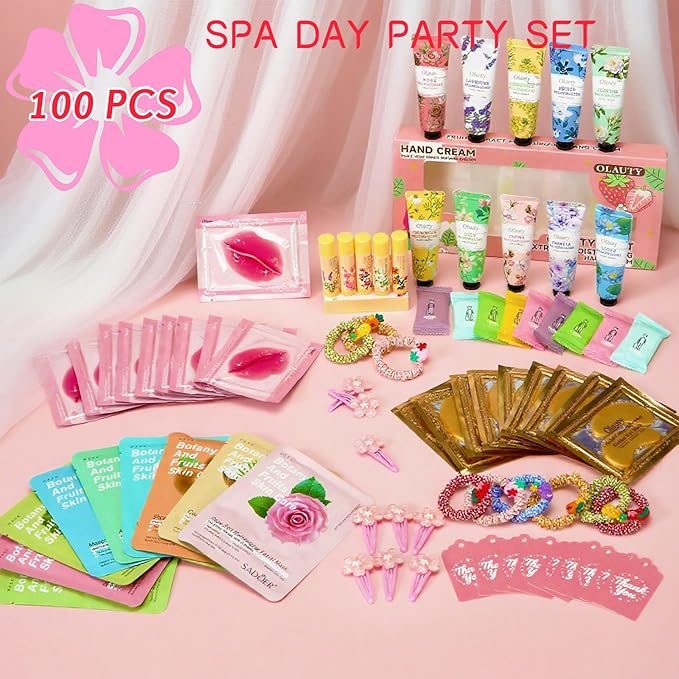 100PCS Spa Party Supplies for Girls 10-12, Bachelorette Spa Party Favors Gifts for Teens Girls 8-12, Face Masks Skincare,Hand Cream,Lip Balm,Eye Patches,Lip Mask, Spa Birthday Sleepover Party Supplies
