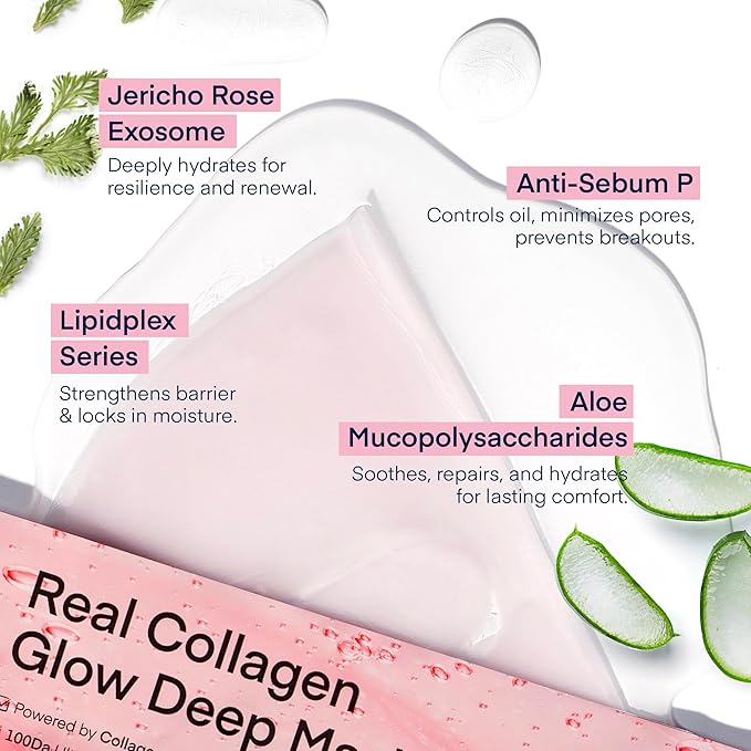 TEREZ & HONOR Korean Real Deep Bio Collagen Face Mask - 16 ea x 33g 100 Dalton Ultra Low Marine Collagen Overnight Hydrogel Masks for Glow Skin, Hydration, Pore, Elasticity, Firming, Unscented