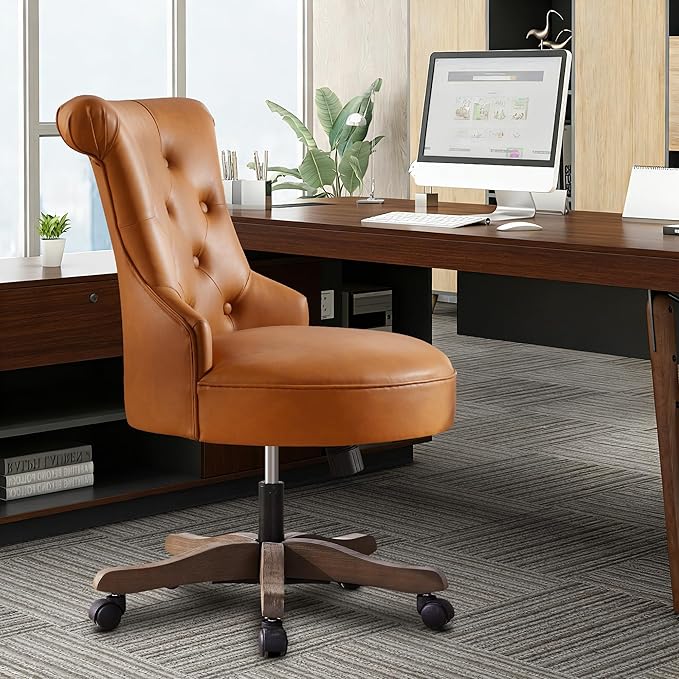 HUIMO Home Office Chair Upholstered Armless Desk Chair with Wheels Adjustable Height Computer Desk Chair with Wooden Legs Comfortable Swivel Chair for Home Office Study Studio (Caramel Brown)
