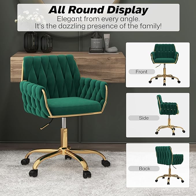 Woven 360°Swivel Desk Chair, Velvet Height Adjustable Home Office Armchair with Golden Base for Teens Women Girls, Upholstery Computer Chair for Home Studios and Office, Woven & Dark Green
