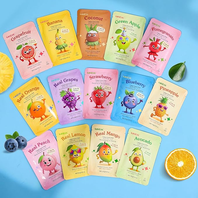 28 Pack Fruit Face Masks Skincare for Kids Girls, Sheet Collagen Face Mask for Women Skin Care, Bulk Hydrating Facial Mask for All Skin Types, Easter Basket Stuffers and Party Spa Gifts for Teens