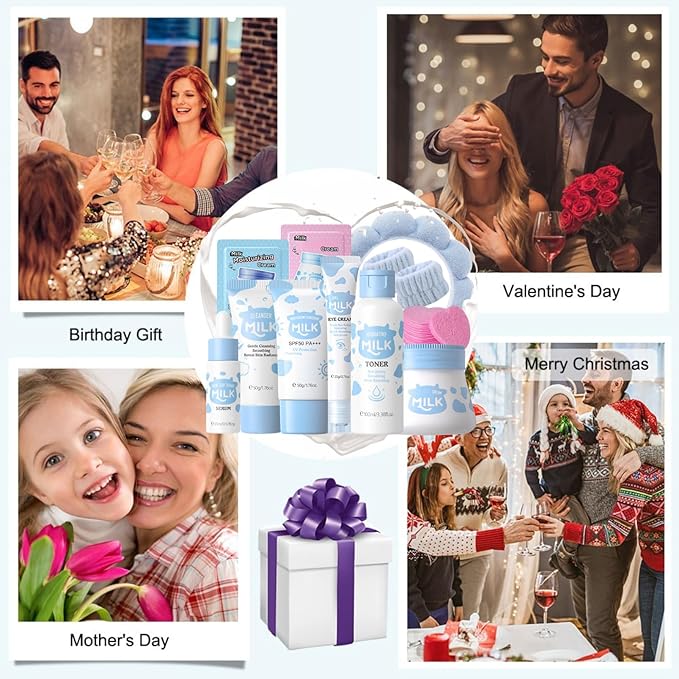 Milk Skin Care Kit Teenage Girls Gifts - 11PCS Skin Care Set Nourishing - Skin Care for Teens 10-12 - Smooth & Hydrating Skincare Gift Set - with Toner,Eye Cream,Serum,Facial Sponges,Headband
