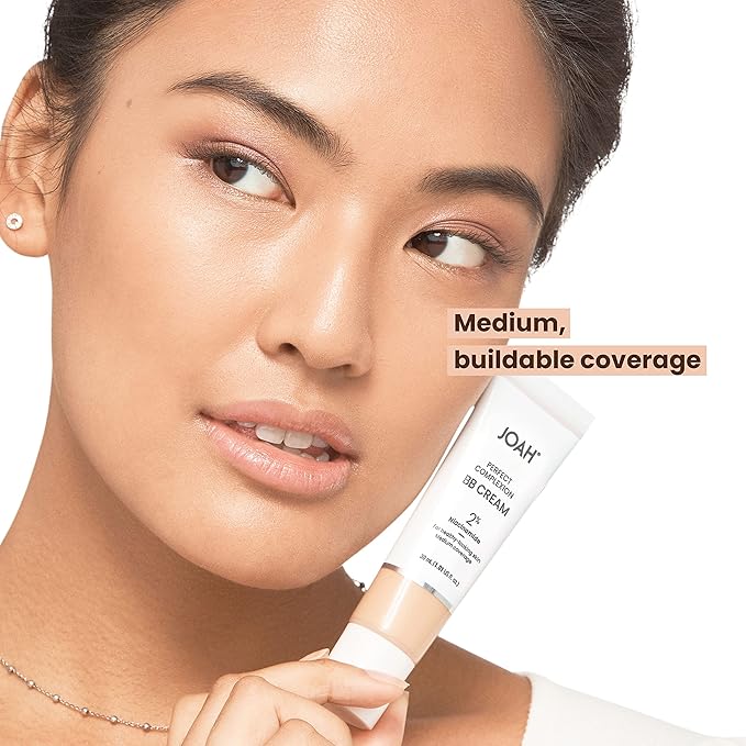 JOAH Beauty Perfect Complexion BB Cream with Hyaluronic Acid and Niaciminade,Korean Makeup with Medium Buildable Coverage,Evens Skin Tone,Lightweight,Semi Matte Finish Deep with Neutral Undertones
