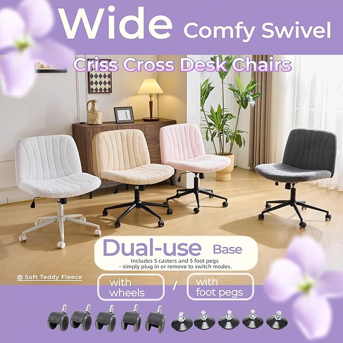 VINGLI Criss Cross Legged Chair,Wide Comfy Office Desk Chair,Dual-Use with/no Wheels Computer Task Chair,Swivel Armless Vanity Boucle Chair for Study,Make Up,Home Office,Teddy Fleece,White