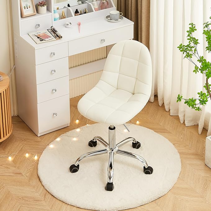 VECELO Stylish Height Adjustable Faux Leather Vanity Chair, Modern Swivel Makeup Chair with Rolling Wheels, Comfortable Padded Task Chair for Bedroom, Dressing Room & Home Office – White