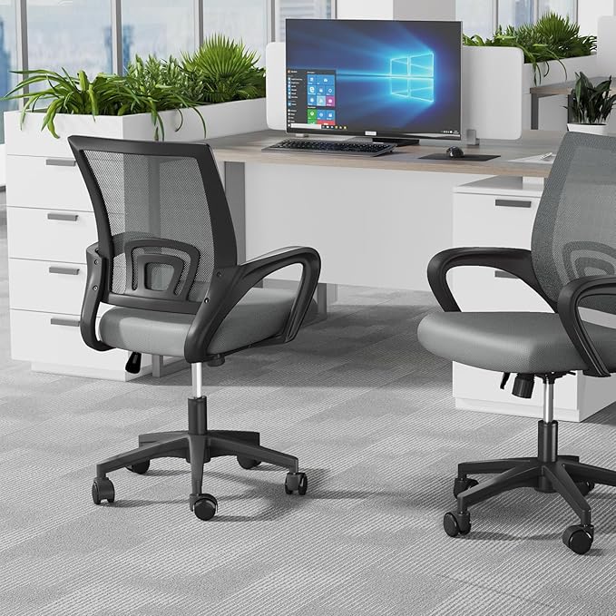 Home Office Chair, Ergonomic Mid-Back Mesh Desk Chair with Lumbar Support, Adjustable Swivel Rolling Design, Comfy Armrest for Work, Study, Gaming, Vanity (Light Gray, Double Chair)