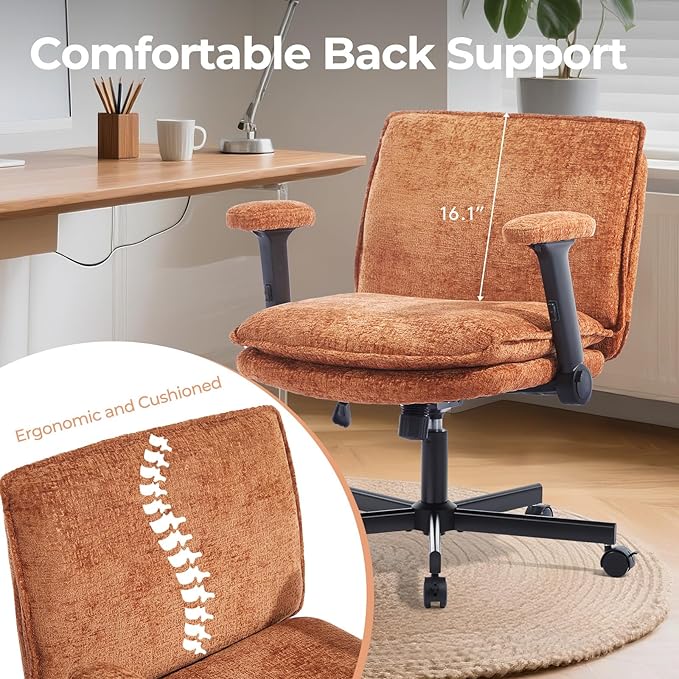 Criss Cross Chair with Flip-Up Arms and Lockable Wheels, Plush Fabric Cross Legged Office Desk Chair,Wider 125°Tilting Adjustable Swivel Computer Chair for Home, Apartment, Bedroom,Brown