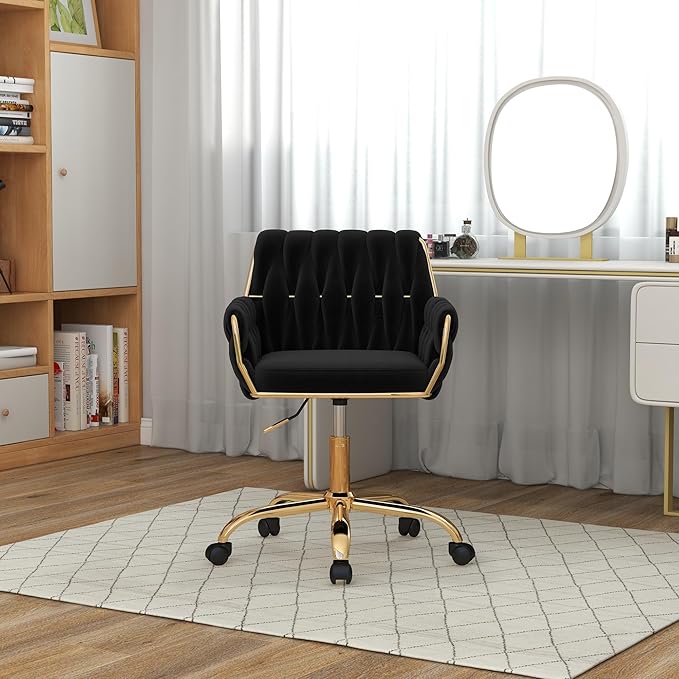Velvet Modern Home Office Vanity Chair, 360° Swivel Adjustable Height Makeup Desk Chair with Golden Base and Hand Woven Backrest for Bedroom/Study/Vanity (Black)