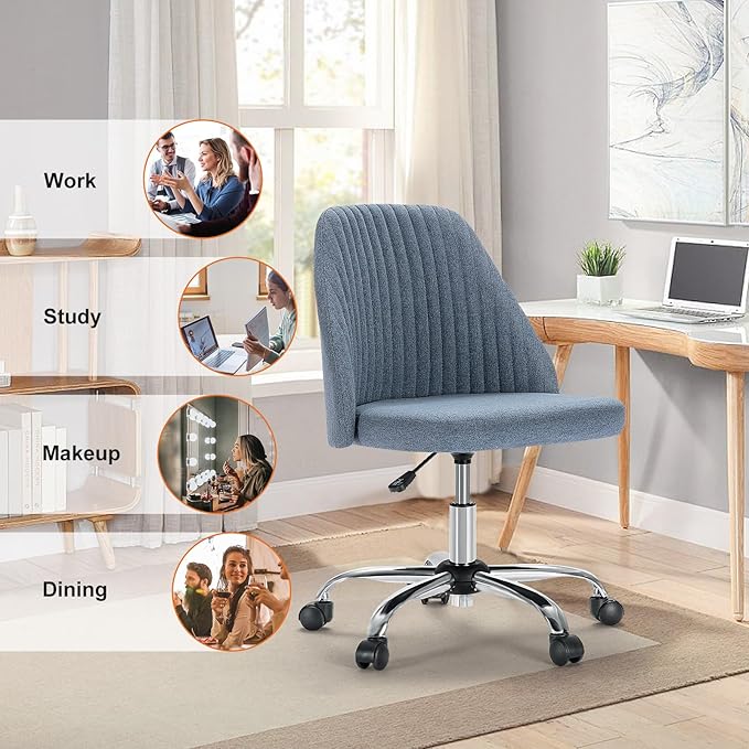 Sweetcrispy Armless Vanity Chair, Cute Comfy Home Office Desk Chair with Wheels, Modern Upholstered Task Computer Seat for Bedroom, Study, Makeup Vanity, Height Adjustable & Swivel, Blue