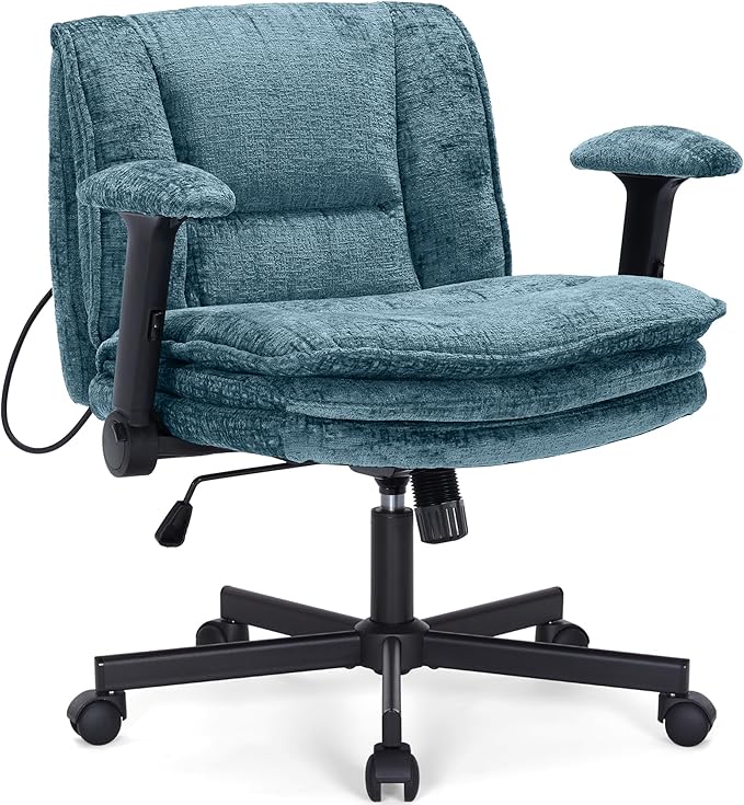 Criss Cross Chair with Wheels and Flip Arms, Upholstered Cross Legged Office Chair with 3 Layer Cushions&Dynamic Airbag Lumbar Support, Wide Seat Comfy Desk Chair for Home Office,Living Room,Turquoise
