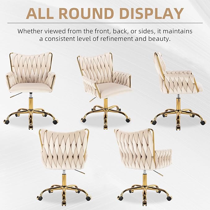 Westice Velvet Desk Chair, Home Office Gold Comfy Chair with Hand Woven Back, Height Adjustable Swivel Chair with Comfy Upholster for Makeup Vanity Living Room Bedroom, Beige