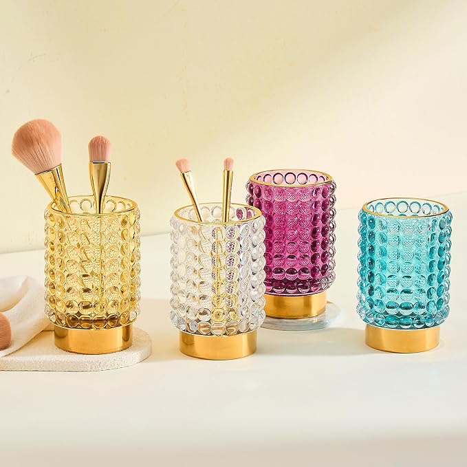 Makeup Brush Holder Organizer,Toothbrush Holders,Desk Pen Pencil Holder,Multifunctional Vintage Glass Brush Cup(A38-3-US/Gold/L)