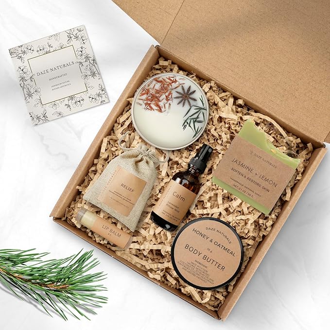 Bath Gift Set, Spa Gifts for Women, Self Care Products for Women, Jasmine & Lemon Soap Bar, Calm Pillow Mist, Bath Bomb & Shower Steamer, Body Butter and Lip Balm