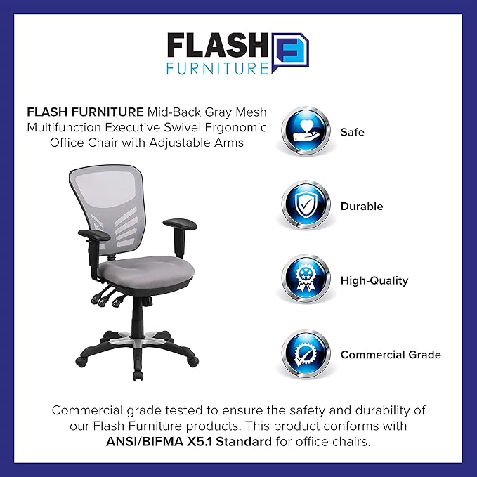 Flash Furniture Nicholas Mid-Back Swivel Office and Gaming Chair, Ergonomic Mesh Office Chair with Adjustable Lumbar Support and Height, Gray