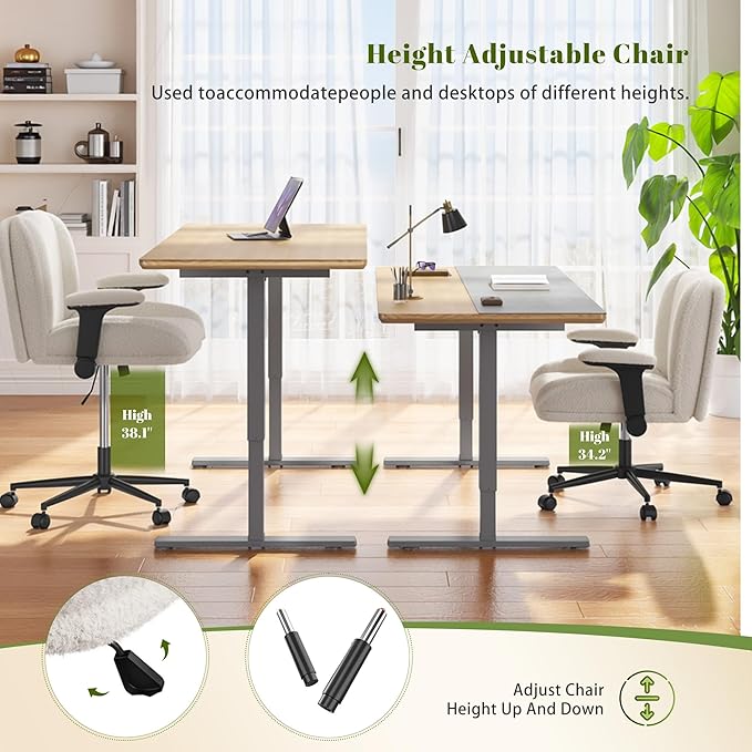 Cross Legged Office Chair with Flip-Up Arms,Oversized Criss Cross Chair with Wheels,Wide & Extra-Deep Seat Thickened for Home Office,Vanity, Bedroom,Apartment Dorms,Plush Cushion,Comfy,White