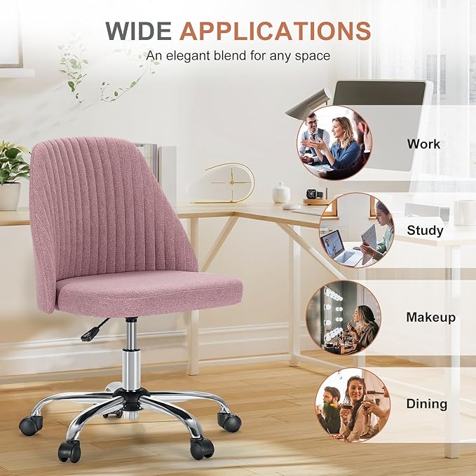 DUMOS Office Desk Chair, Modern Cute Rolling Vanity Swivel Task Seating with Wheels, Comfortable Back Seat Armless for Home, Bedrooms, Study, Student, Adults, Make-Up, Dressing Room Dusty Rose