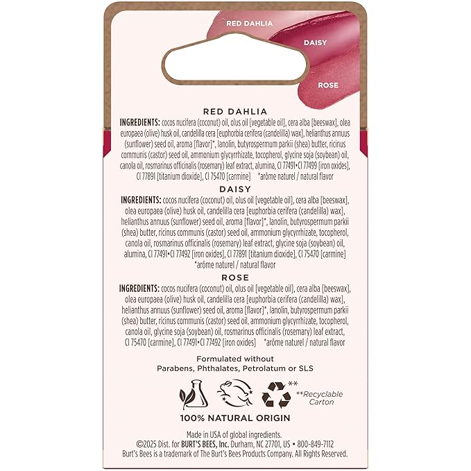 Burt’s Bees Tinted Lip Balm Value Pack Includes 3 Lip Balms: Red Dahlia, Daisy and Rose; 8 Hour Moisture; Provides a Hint of Color; Nourishing Shea Butter; 100% Natural Origin; 3 Tubes; 3x0.15 Oz.