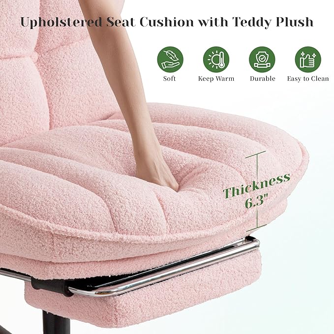Cross Legged Office Chair with Foot Rest, 6.3" Thick Cushioned Criss Cross Chair with Wheels, Height Adjustable Swivel Vanity Chair for All-Day Comfort (Pink)