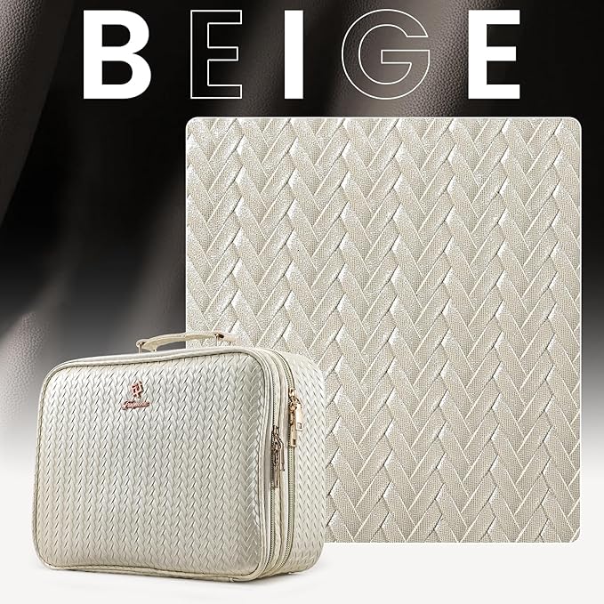 Makeup Bag with LED Lighted Mirror 12.2 IN Cosmetic Train Case Double Layer Makeup Case Adjustable Brightness in 3 Colors Cosmetic Organizer Artist Storage with Brush Holder Vanity Beige