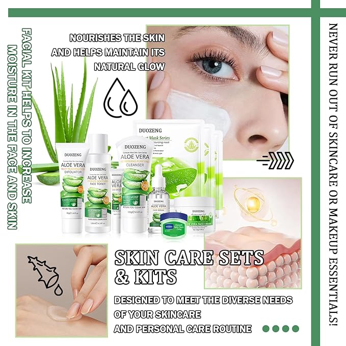 Skin Care Kit,Skincare Gift Set with Facial Cleanser,Toner,Serum,Eye Cream, Face Cream,Exfoliating Gel,Sleeping Lip Mask & 3 Pcs Aloe Vera Mask Kit for Women(10 Count)