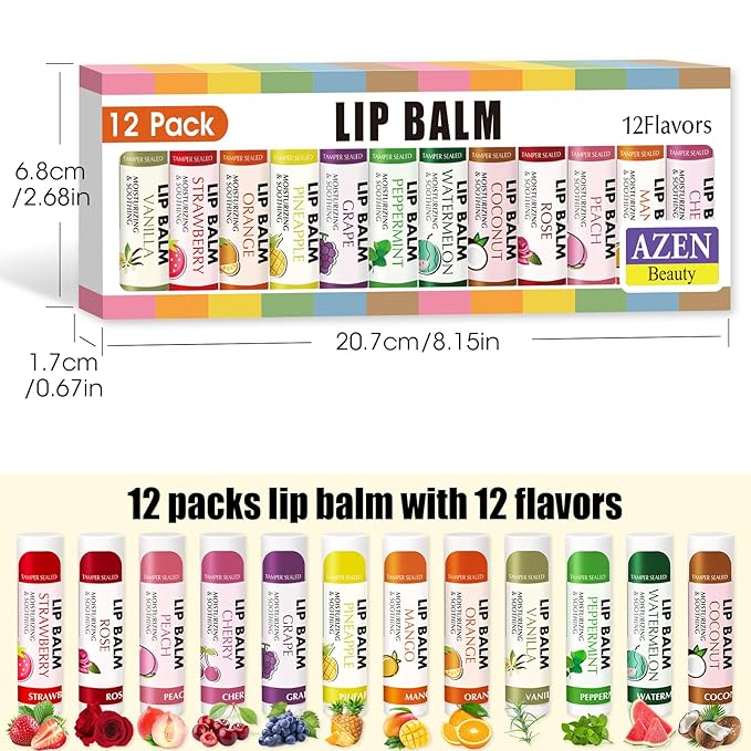 AZEN 12 Pack Lip Balm, Natural Lip Balm Bulk, Lip Care Product, Moisturizing Lip Balms for dry cracked lips, Valentines Gifts Easter Basket Stuffers - 12 Flavors