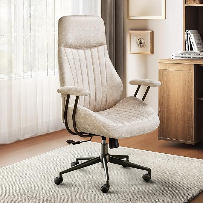 HOOOWOOO Faux Suede Leather Home Office Chair,MCM Modern Ergonomic Task Work Chair,Computer Desk Chair with Cushion Seat Lumbar Support Reclining High Back for Long Hours(Beige)