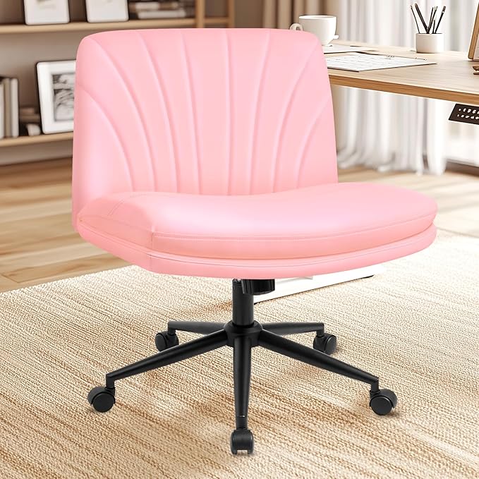 NEO Chair Criss Cross Chair with Wheels Armless Vanity Desk Office Wide Comfy Chair Cross Legged Adjustable Swivel Rolling Computer for Home Office PU Leather (Pink-Leather)