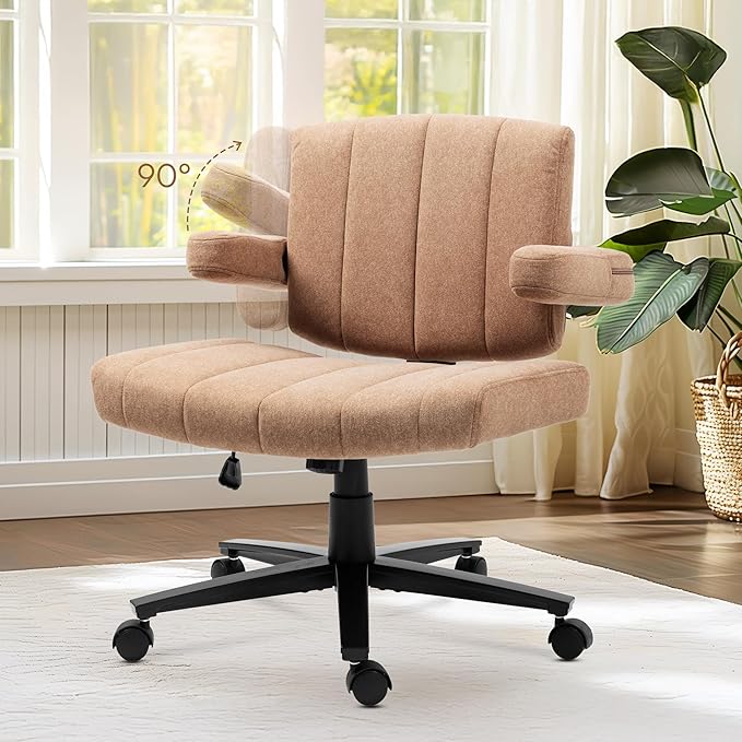 Criss Cross Chair with Wheels – Comfortable Vanity Chair, Wide Rolling Legged Office Chairs Arms, Adjustable Desk Comfy for Home Office, Swivel Task (Brown)