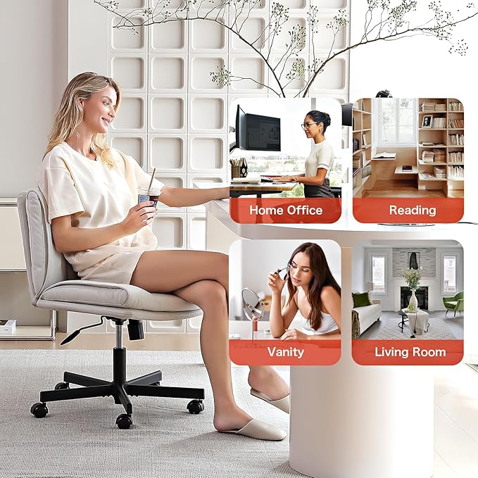 LEAGOO Criss Cross Chair with Wheels, Comfy Armless Desk Chairs with Tech Fabric, Wide Seat Cross Legged Office Chair, Height Adjustable Swivel Computer Task Chairs for Home Office, Bedroom, Make up
