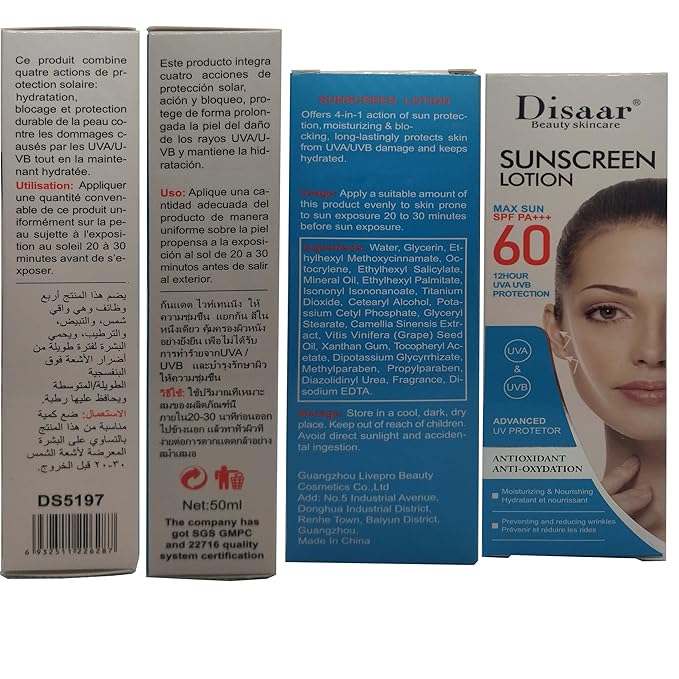 DISAAR BEAUTY Sunscreen Lotion SPF 60 PA+++ UVA/UVB UV Protection Antioxidant Moisturizing Skin Nourishing Hydration 50ml / 1.69fl.oz