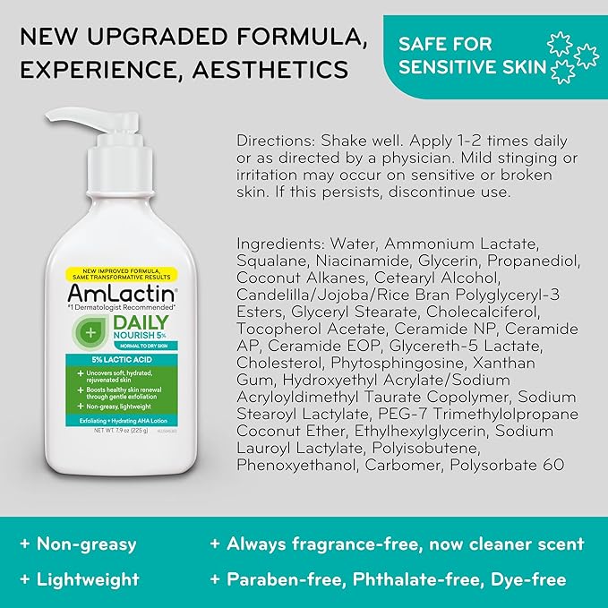 AmLactin Daily Nourish - Therapeutic Face and Body Lotion for Dry Skin - No-Scrub Exfoliator and Moisturizer with 5% Lactic Acid AHA, Safe for Sensitive Skin, 7.9 oz (Packaging May Vary)