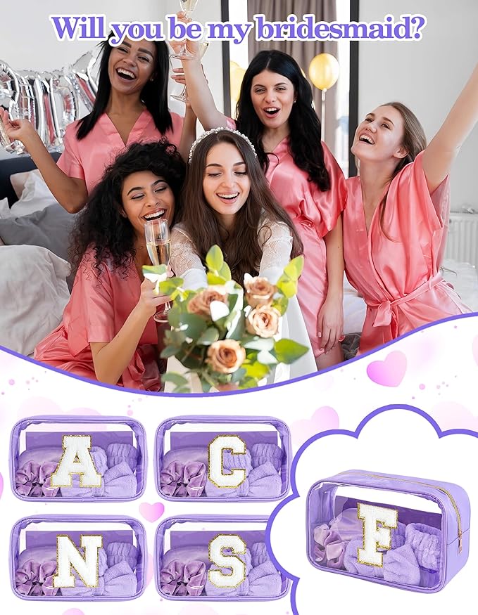 Gift Sets for Women, Initial Makeup Bag with Makeup Brush Set Bachelorette Party Favors, Purple Spa Kit with Skincare Headbands Wrist Bands Sleepover Party Supplies Gifts for Teen Girls Bridesmaid F