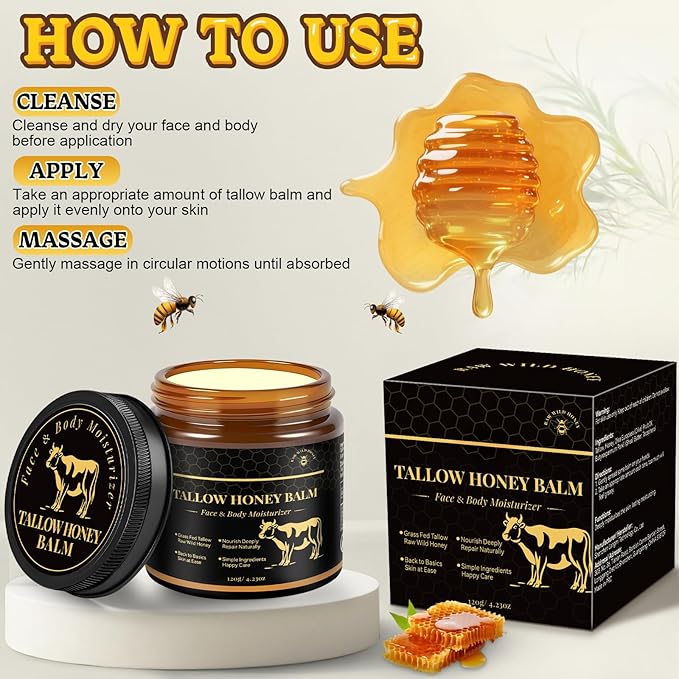 Beef Tallow for Skin, Tallow and Honey Balm for Face, Grass-Fed Beef Tallow Face Moisturizer, Deeply Moisturizing for Dry & Sensitive Skin (4.23oz/120g)