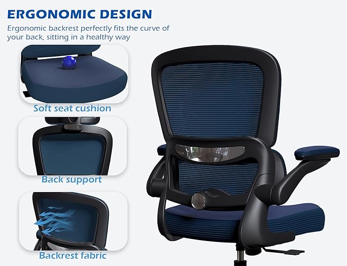 TRALT Ergonomic Office Chair - Desk Chair with Adjustable Lumbar Support Computer Chair - Mesh Comfy Chair with Flip-up Armrests - Gaming Chairs for Adults Home Office (PU Leather, Navy Blue)