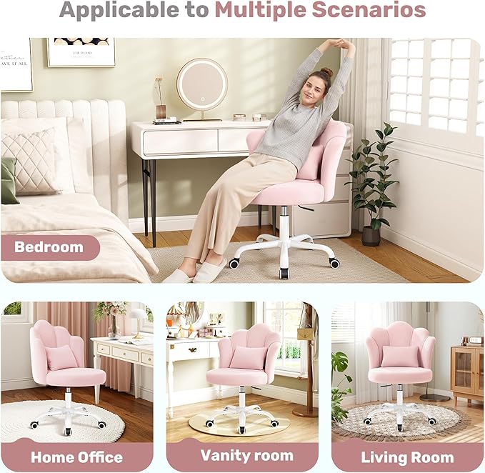 Petal Vanity Chair with Wheels, 3.15" Extra Thick Comfy Makeup Chair, Adjustable Modern Swivel Armless Desk Chair for Girls Women, Aesthetic Small Office Chair for Bedroom Dorm