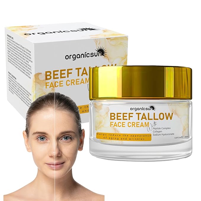Beef Tallow Face Cream - 100% Grass Fed Anti Aging Moisturizer with Copper Peptides, Honey & Collagen for Wrinkles & Firming