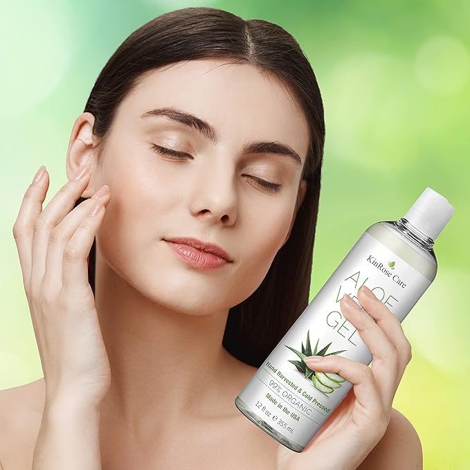 12oz Organic Aloe Vera Gel for Face, Skin, Hair & Sunburn Relief - From 100 Percent Pure Aloe Vera - Cold Pressed, Vegan, Unscented - Made in USA.