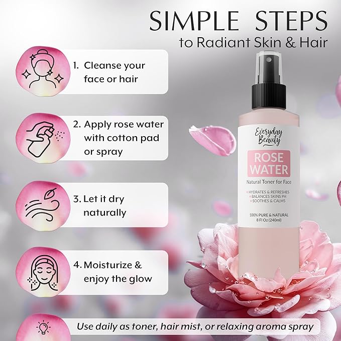 Everyday Beauty Rose Water Spray for Face - Natural Facial Toner - 8 Fl Oz Alcohol-Free Vegan Refreshing for Face and Hair - Uplifts, Calming & Soothing for All Skin Types
