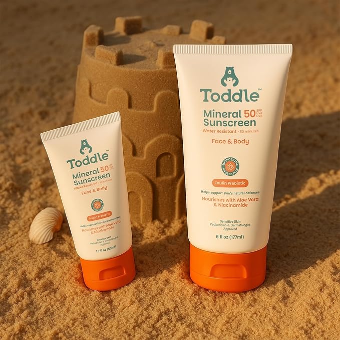 Prebiotic Mineral Sunscreen SPF 50 for Kids & Baby, Face & Body Sun Protection, Reef Safe, Non-Toxic Zinc Oxide Broad Spectrum, Water-Resistant, No White Cast, Travel Size 1.7oz