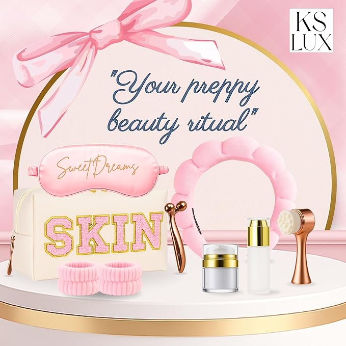 Preppy skincare set women, pink skincare for teen girls, cute skin care kit for teens, girls skin care tools, cute preppy stuff for girls 10-12, cool teenager girl gift ideas with clean girl aesthetic