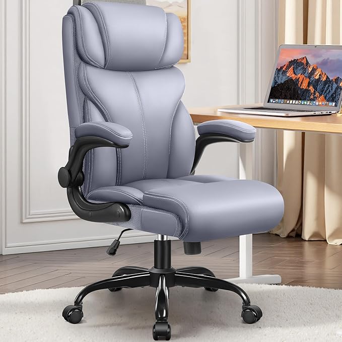 Office Chair, Leather Chair with Adjustable High Back Flip-up Armrests,Ergonomic Desk Chairs Big and Tall, Lumbar Support Swivel Computer Chair with Rocking Function