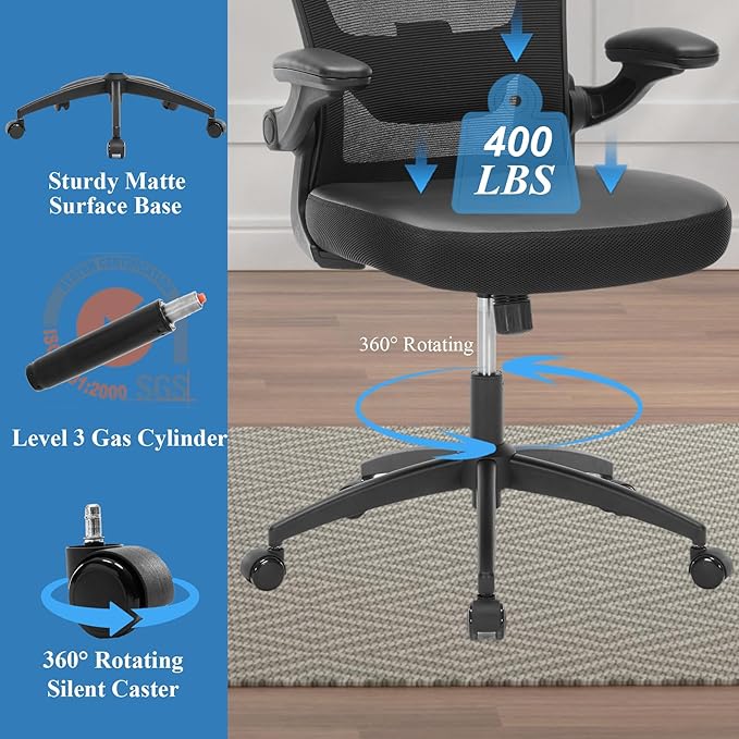Ergonomic Office Chair 400lbs PU Leather Mesh Desk Chair with Lumbar Support, Flip-Up Arms, Swivel Wheels, Adjustable Height, Rolling Executive Computer Task Chair for Home Office,Black