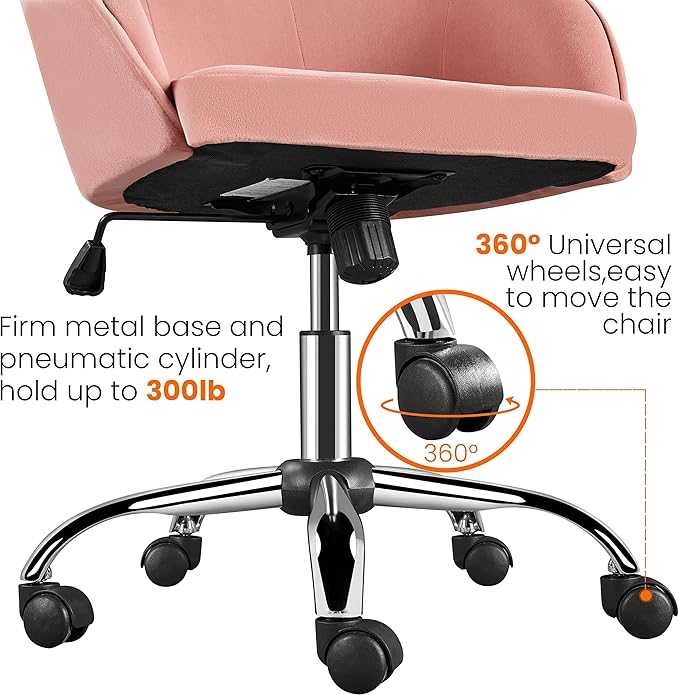 Yaheetech Pink Office Chair Small Cute Vanity Chair with Back Wheels Velvet Swivel Rolling Desk Computer Armchair for Bedroom Living Room